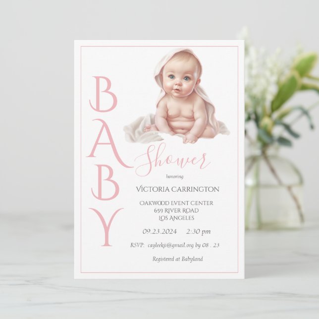 Pink Baby Girl Baby Shower Invitation (Standing Front)
