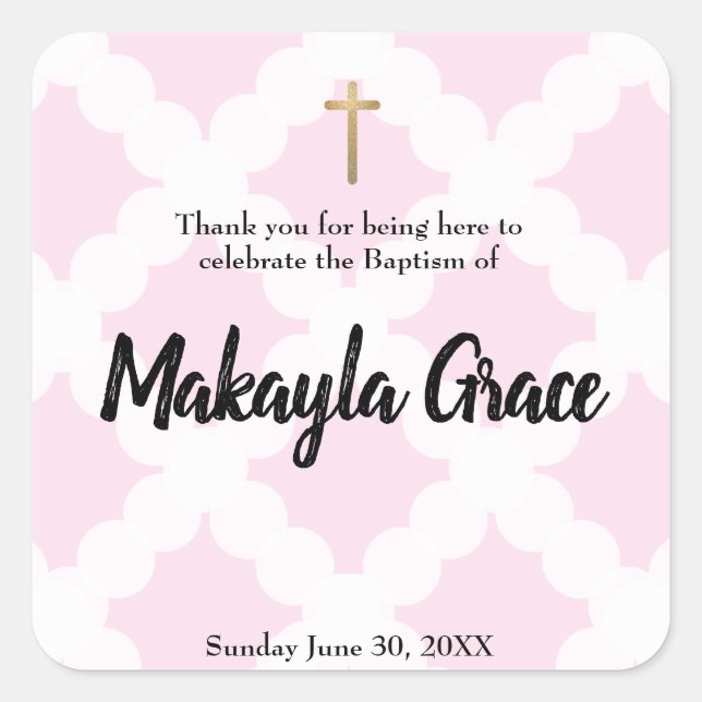 Pink Baby Girl Baptism Christening thank you Square Sticker (Front)