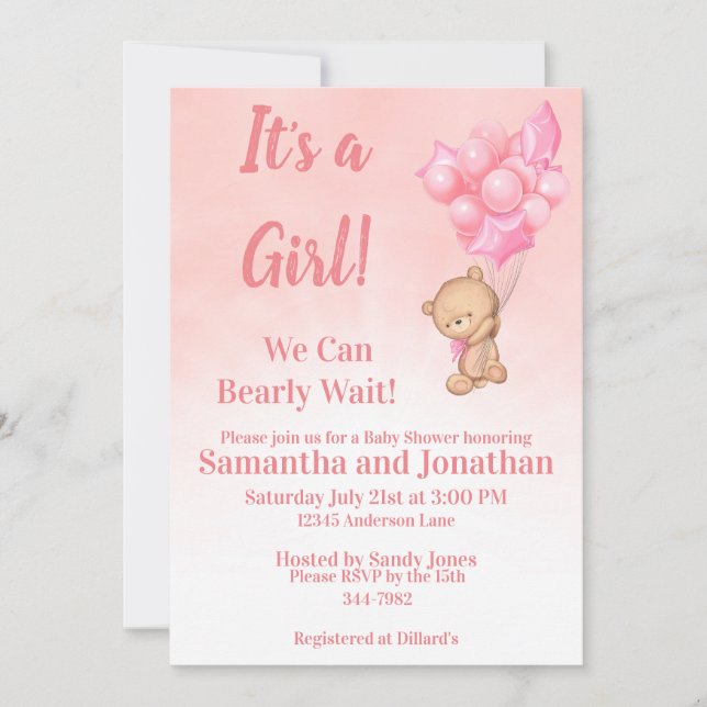 Pink Baby Girl Bearly Wait Teddy Bear Baby Shower Invitation (Front)