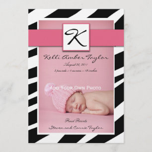 Pink Baby Girl Birth Announcement Zebra Pattern