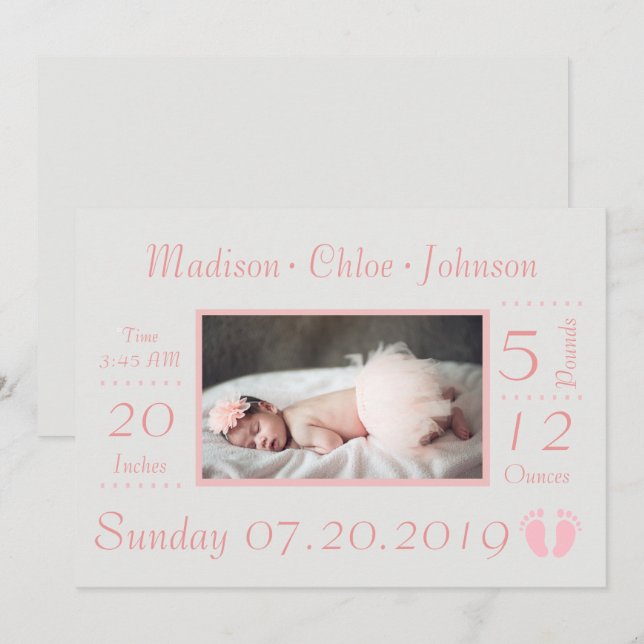 Pink Baby Girl Birth Chart Birth Announcement (Front/Back)