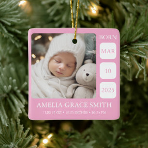 Pink Baby Girl Birth Stat Photo Christmas Ornament