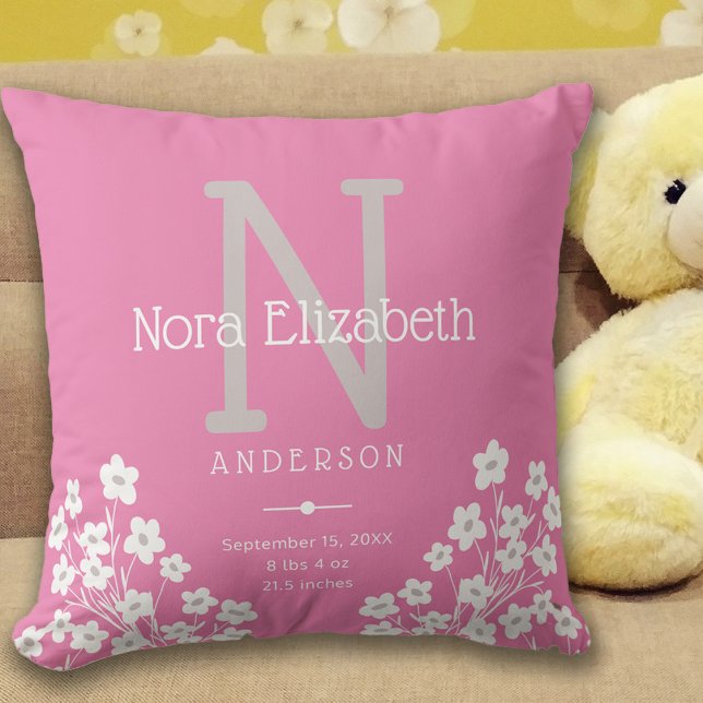 Pink Baby Girl Birth Stats Daisy Monogram Nursery Cushion (Creator Uploaded)
