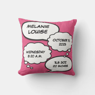 Pink Baby Girl Birth Stats Fun Comic Book Keepsake Cushion