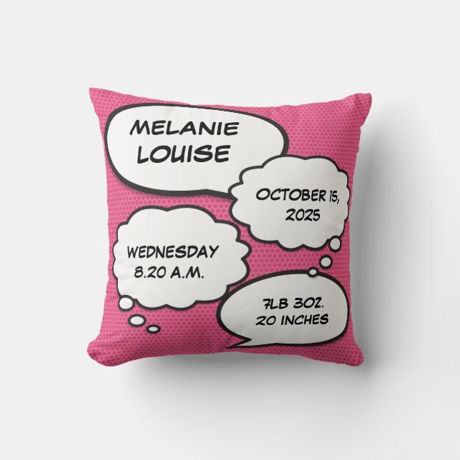 Pink Baby Girl Birth Stats Fun Comic Book Keepsake Cushion (Front)