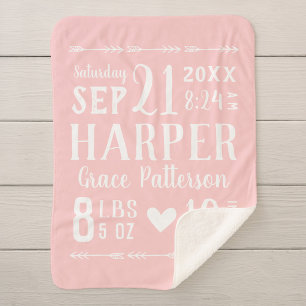 Pink Baby Girl Birth Stats Keepsake Sherpa Blanket