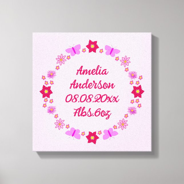 Pink Baby Girl Butterflies and Flower Custom Birth Canvas Print (Front)