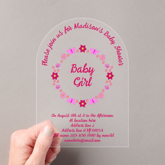 Pink Baby Girl Butterflies and Flowers Baby Shower Acrylic Invitations (Insitu (Handheld))
