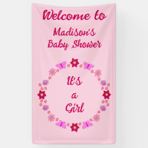 Pink Baby Girl Butterflies and Flowers Baby Shower Banner