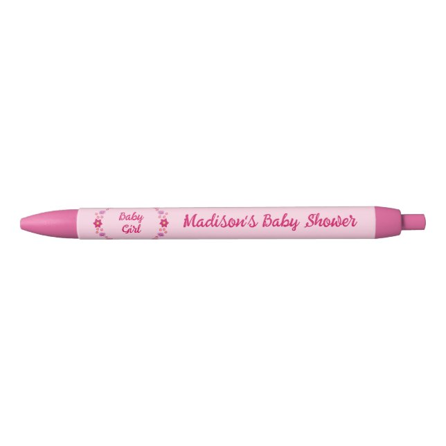 Pink Baby Girl Butterflies and Flowers Baby Shower Blue Ink Pen (Front)