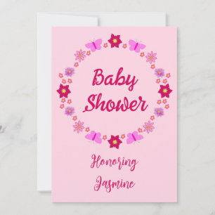 Pink Baby Girl Butterflies and Flowers Baby Shower Invitation