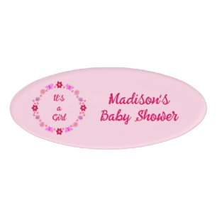 Pink Baby Girl Butterflies and Flowers Baby Shower Name Tag