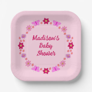 Pink Baby Girl Butterflies and Flowers Baby Shower Paper Plate