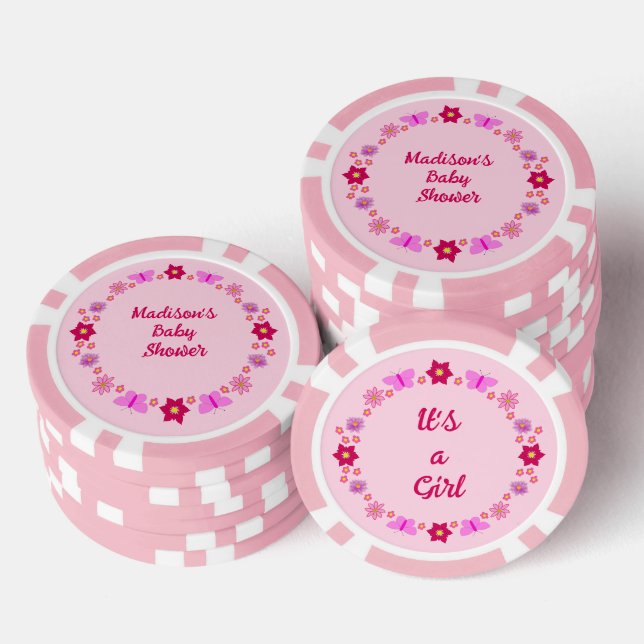 Pink Baby Girl Butterflies and Flowers Baby Shower Poker Chips (Stack)