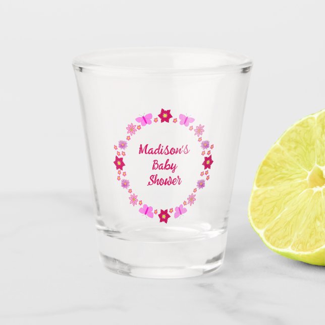 Pink Baby Girl Butterflies and Flowers Baby Shower Shot Glass (Front)