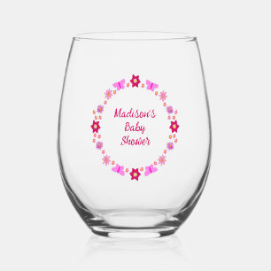 Pink Baby Girl Butterflies and Flowers Baby Shower Stemless Wine Glass