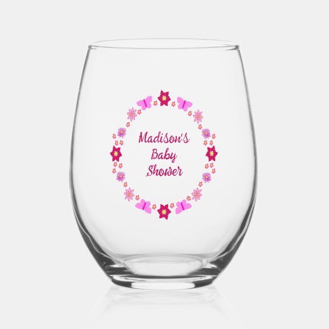 Pink Baby Girl Butterflies and Flowers Baby Shower Stemless Wine Glass (Front)