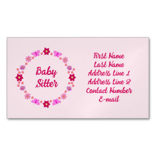 Pink Baby Girl Butterflies and Flowers Babysitter Magnetic Business Card