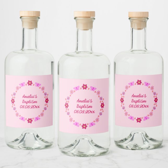 Pink Baby Girl Butterflies and Flowers Baptism Liquor Bottle Label (Bottles)