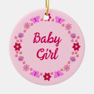Pink Baby Girl Butterflies and Flowers Custom Ceramic Tree Decoration