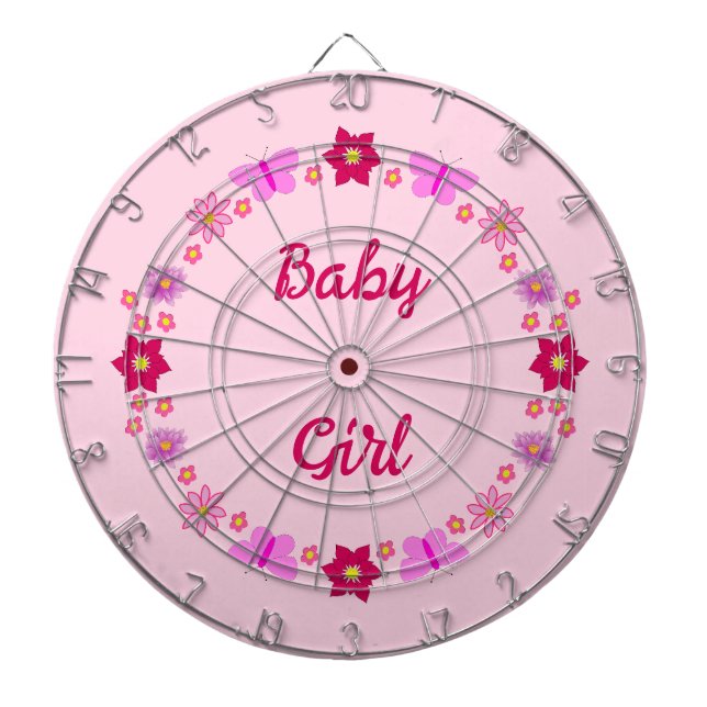 Pink Baby Girl Butterflies and Flowers Custom Dartboard (Front)