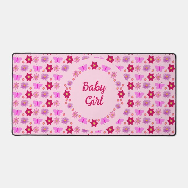 Pink Baby Girl Butterflies and Flowers Custom Desk Mat (Front)