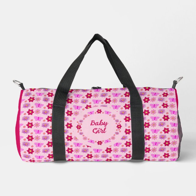 Pink Baby Girl Butterflies and Flowers Custom Duffle Bag (Front)