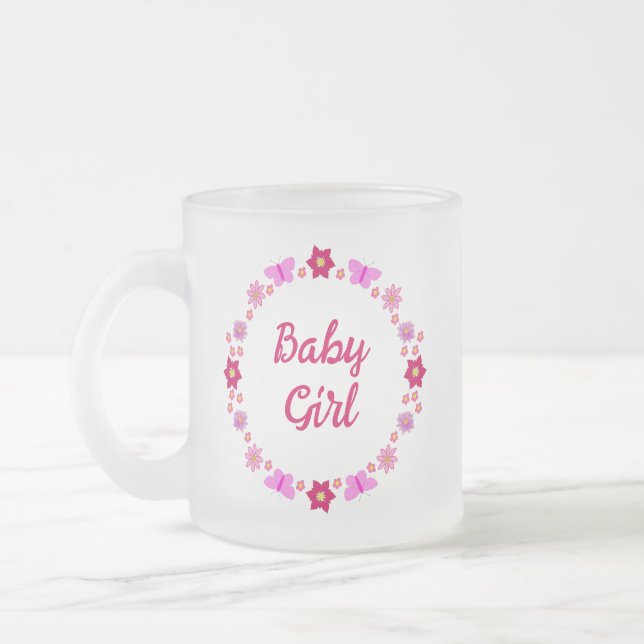 Pink Baby Girl Butterflies and Flowers Custom Frosted Glass Coffee Mug (Left)