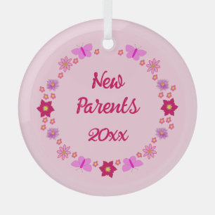 Pink Baby Girl Butterflies and Flowers Custom Glass Tree Decoration