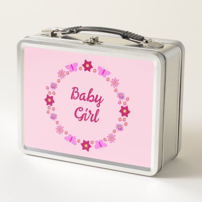 Pink Baby Girl Butterflies and Flowers Custom Metal Lunch Box (Front)