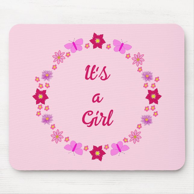 Pink Baby Girl Butterflies and Flowers Custom Mouse Mat (Front)