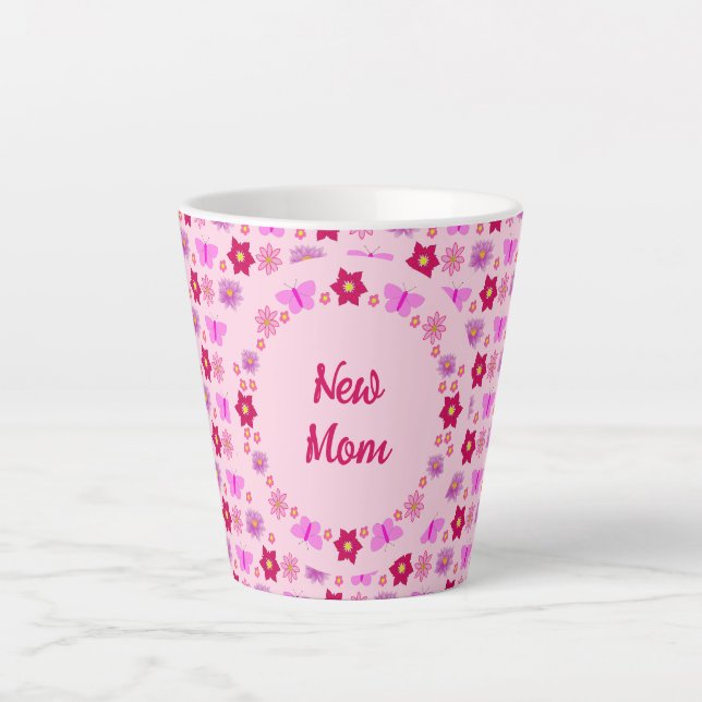Pink Baby Girl Butterflies and Flowers Custom Mum Latte Mug (Front)