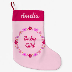 Pink Baby Girl Butterflies and Flowers Custom Name Small Christmas Stocking