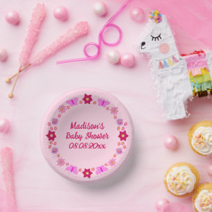 Pink Baby Girl Butterflies and Flowers Custom Paper Plate