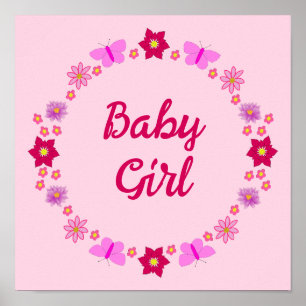 Pink Baby Girl Butterflies and Flowers Custom Poster
