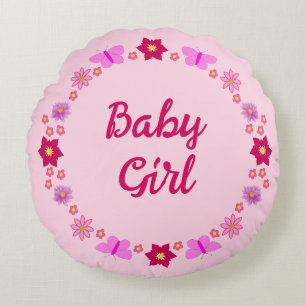 Pink Baby Girl Butterflies and Flowers Custom Round Cushion