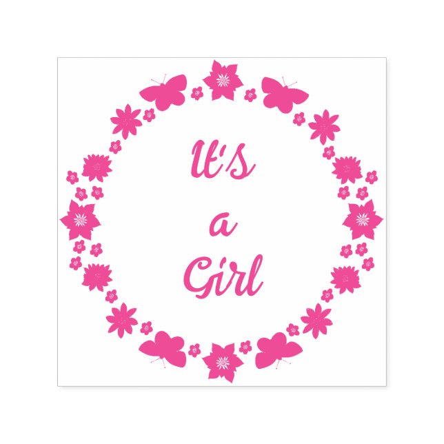 Pink Baby Girl Butterflies and Flowers Custom Self-inking Stamp (Design)