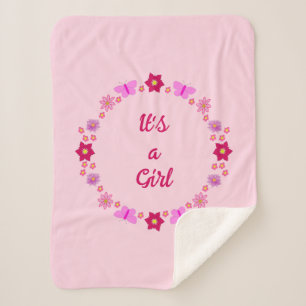 Pink Baby Girl Butterflies and Flowers Custom Sherpa Blanket