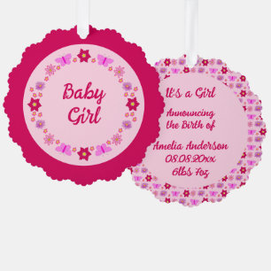 Pink Baby Girl Butterflies and Flowers Custom Tree Decoration Card