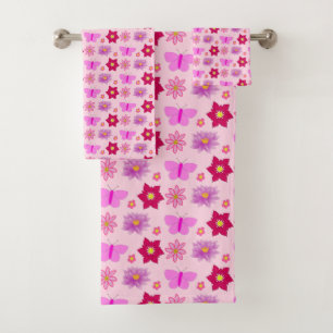 Pink Baby Girl Butterflies and Flowers Patterned Bath Towel Set