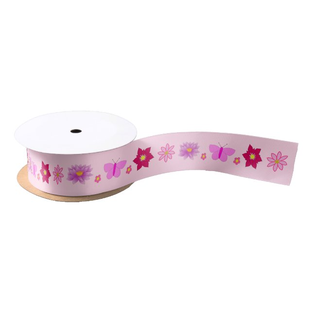 Pink Baby Girl Butterflies and Flowers Patterned Satin Ribbon (Spool)