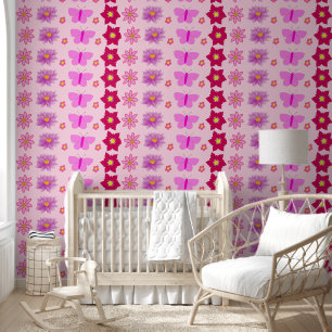 Pink Baby Girl Butterflies and Flowers Patterned Wallpaper