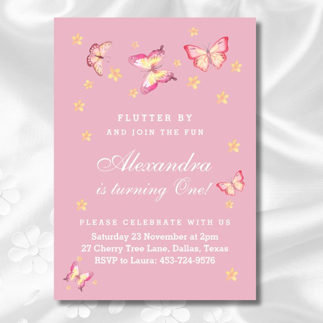 Pink Baby Girl Butterfly 1st Birthday Party Invitation (Creator Uploaded)
