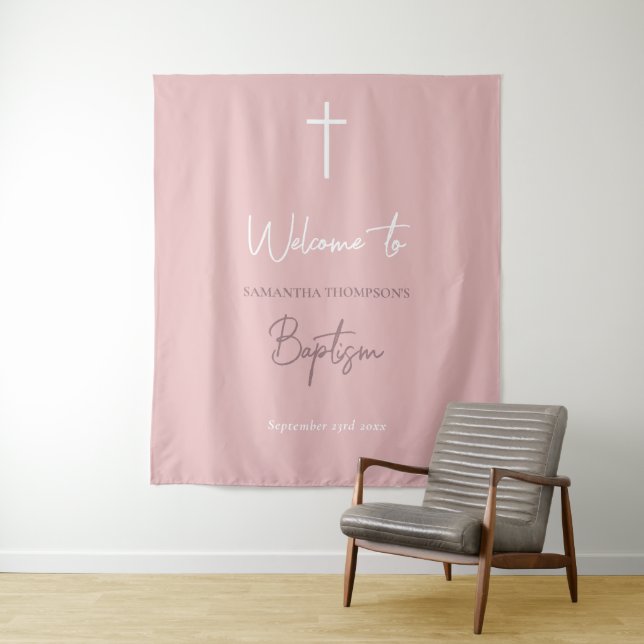 Pink Baby Girl Calligraphy Baptism Welcome Sign Tapestry (In Situ)