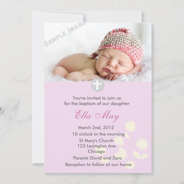 Pink Baby Girl Christening Invitation (Front)