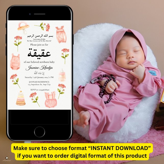 Pink Baby Girl Clothing Aqiqah Aqeeqa Muslim Invitation (Creator Uploaded)