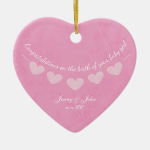 Pink baby girl congratulations bunting heart ceramic tree decoration