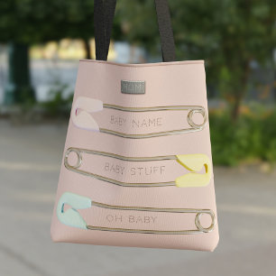 Pink Baby Girl Diaper Pins Personalised Tote Bag
