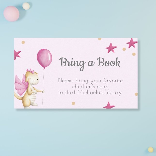 Pink Baby Girl Dragon with Balloon Bring a Book  Enclosure Card (Creator Uploaded)