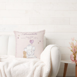 Pink Baby Girl Elephant and Balloon Watercolor Cushion